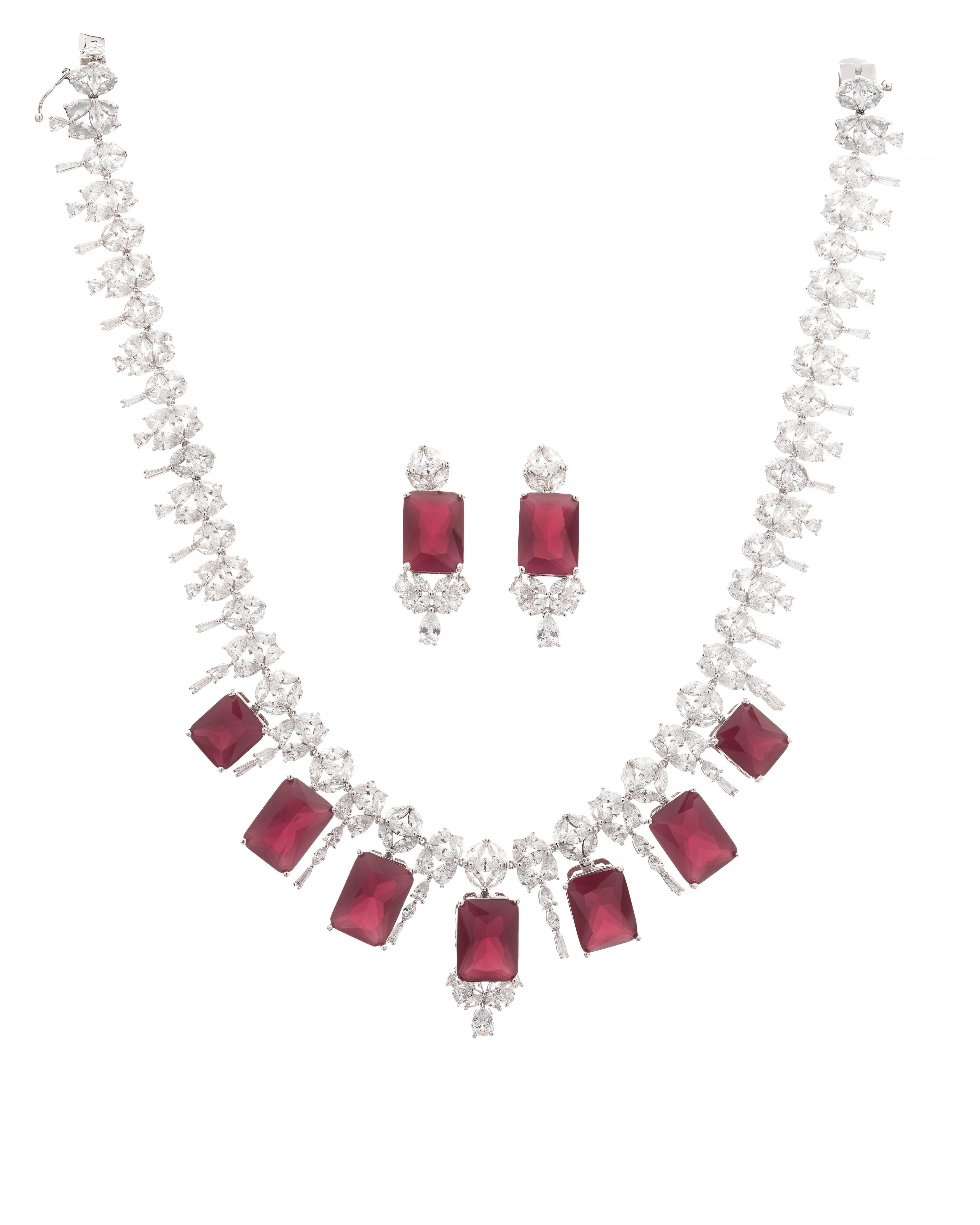 Mataari Necklaces Blossom CZ Necklace & Earring Set | Rhodium | Indian Jewelry | Mataari