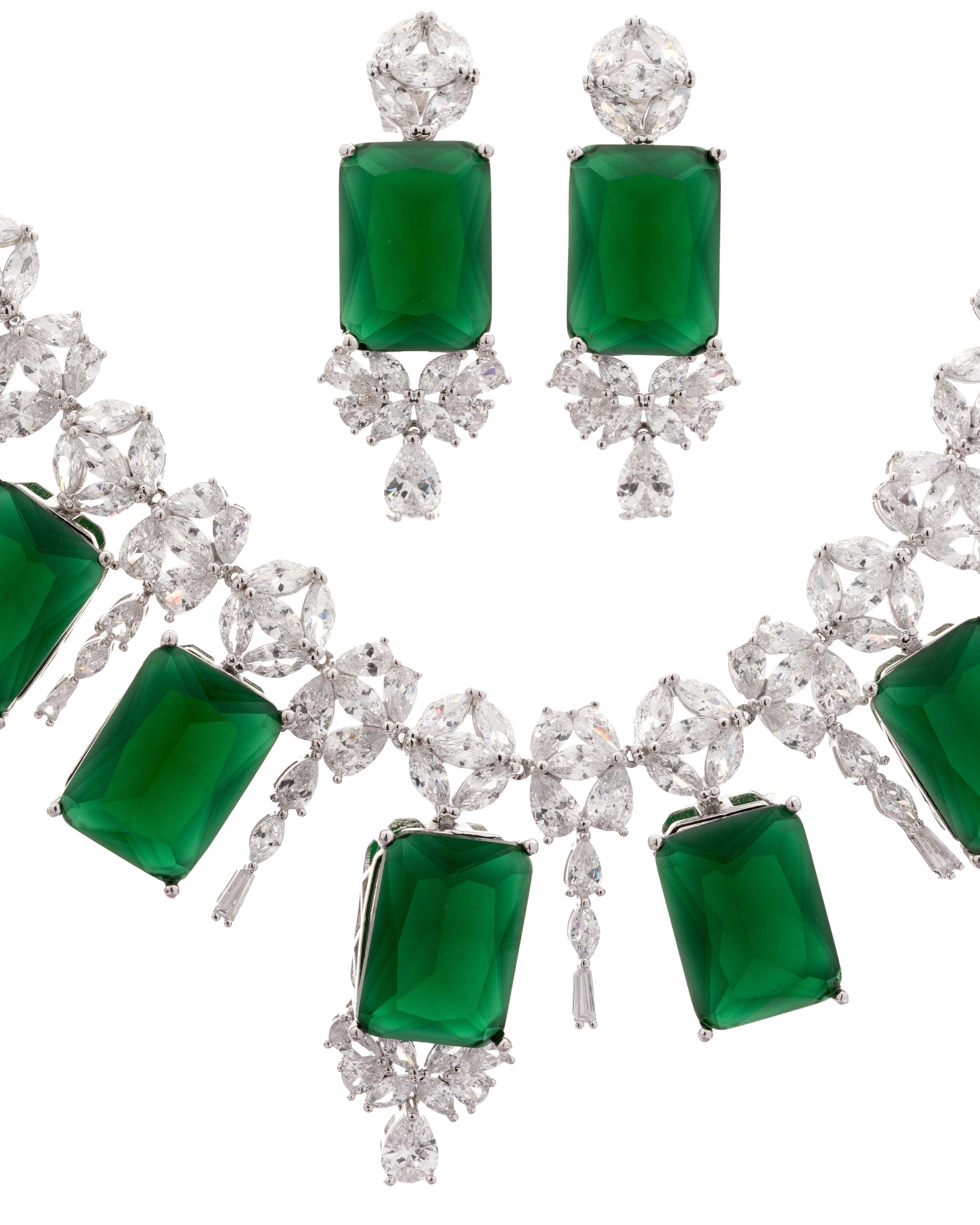 Mataari Necklaces Blossom CZ Necklace & Earring Set | Rhodium | Indian Jewelry | Mataari