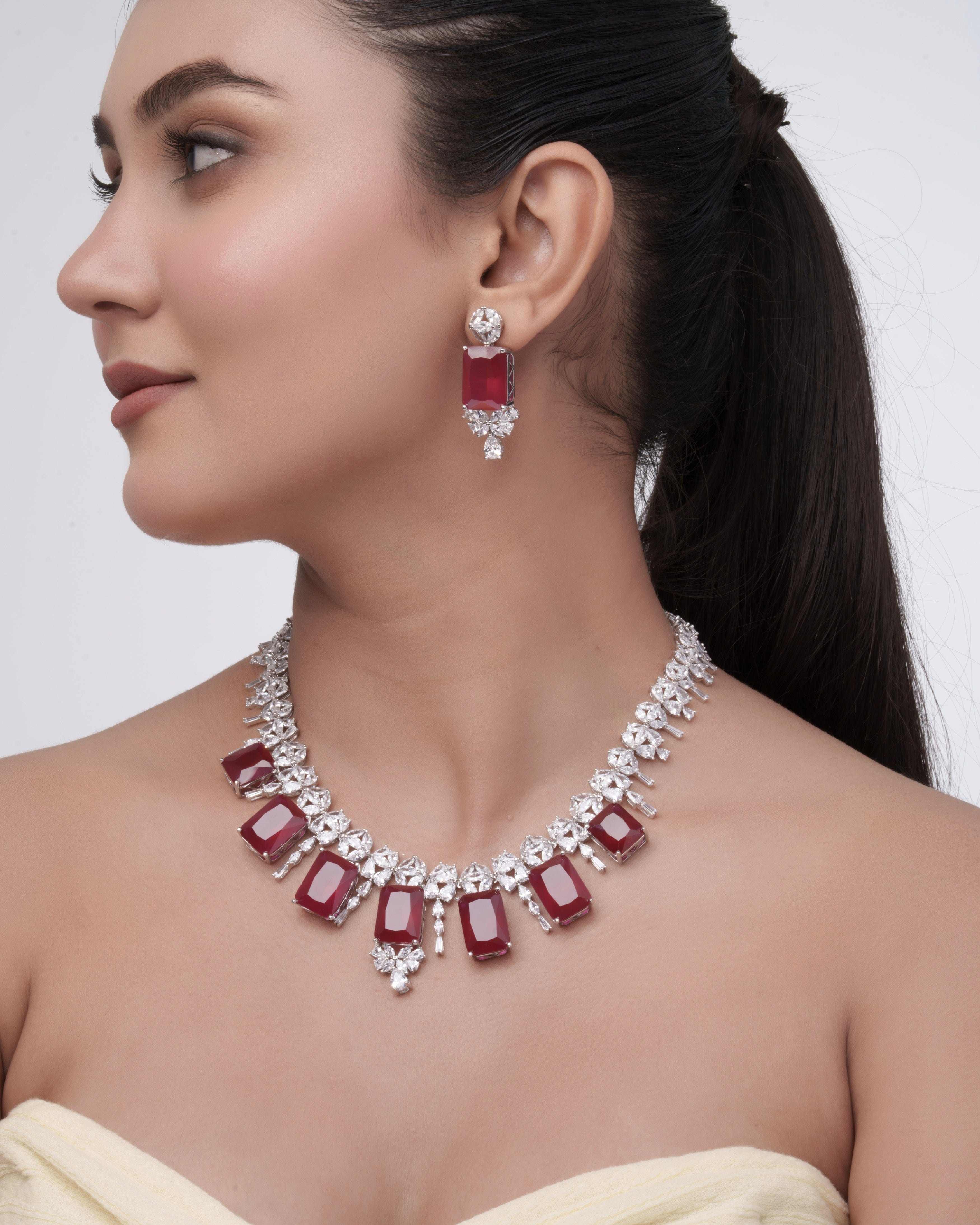 Mataari Necklaces Blossom CZ Necklace & Earring Set | Rhodium | Indian Jewelry | Mataari