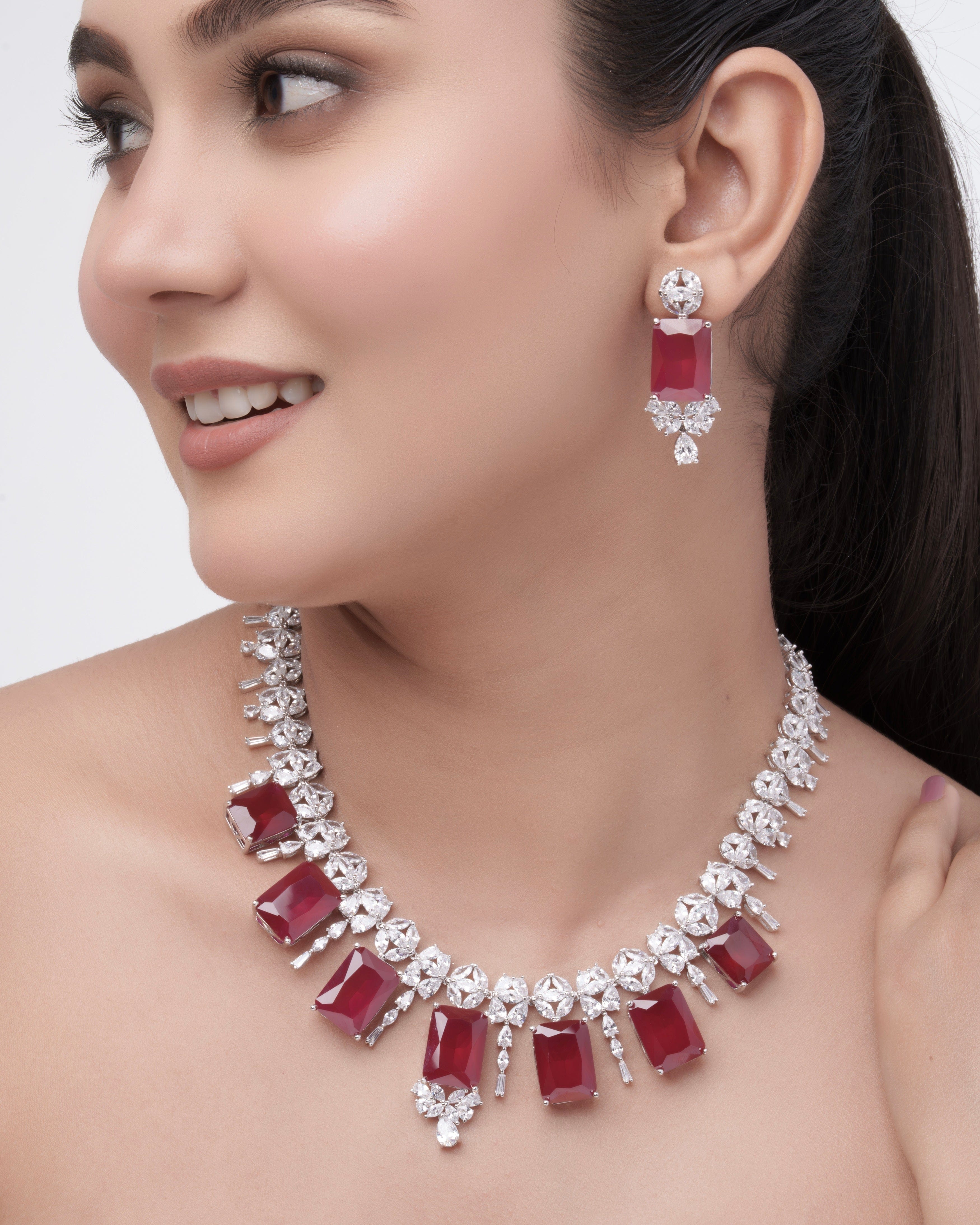 Mataari Necklaces Blossom CZ Necklace & Earring Set | Rhodium | Indian Jewelry | Mataari