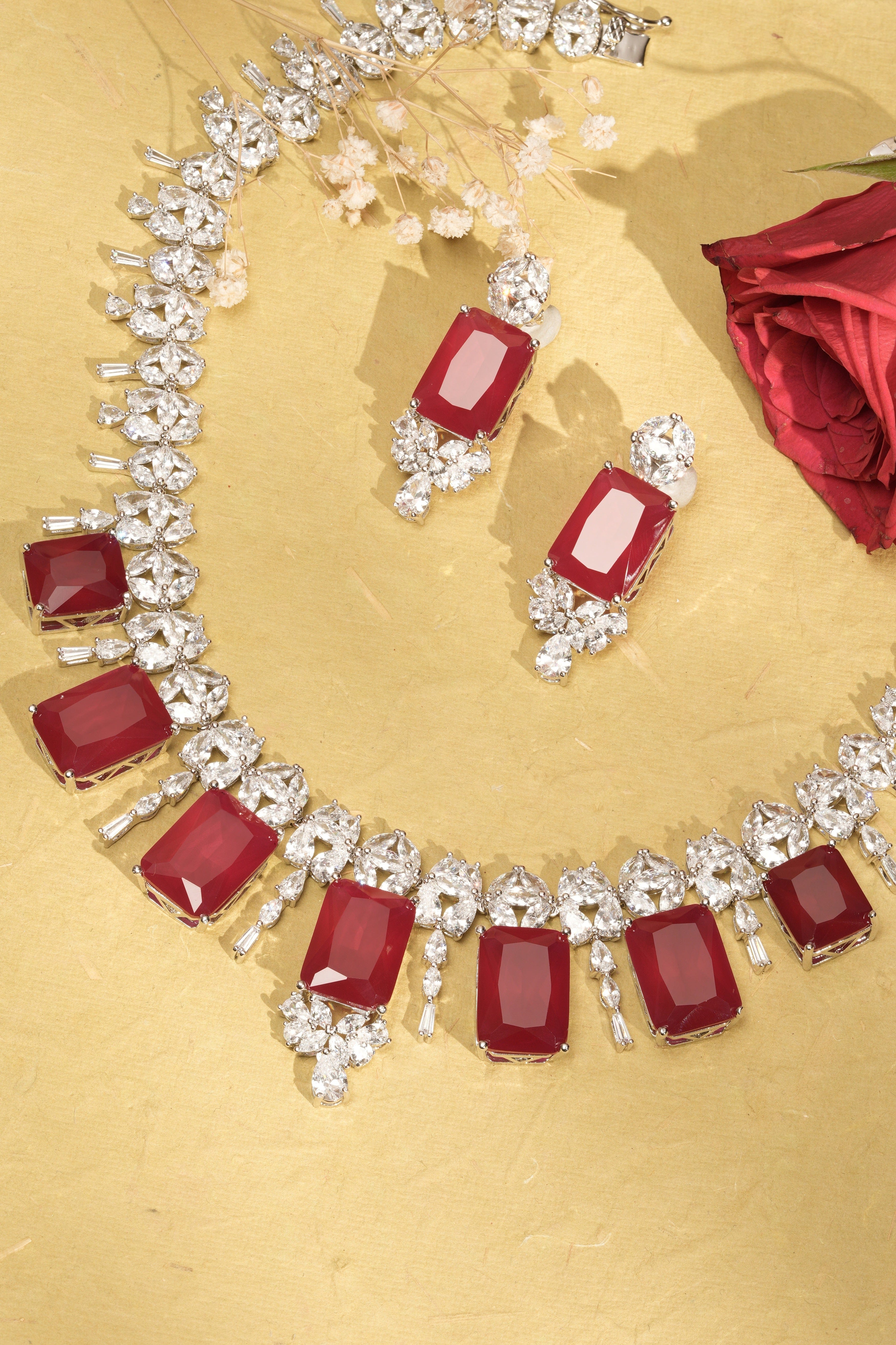 Mataari Necklaces Blossom CZ Necklace & Earring Set | Rhodium | Indian Jewelry | Mataari