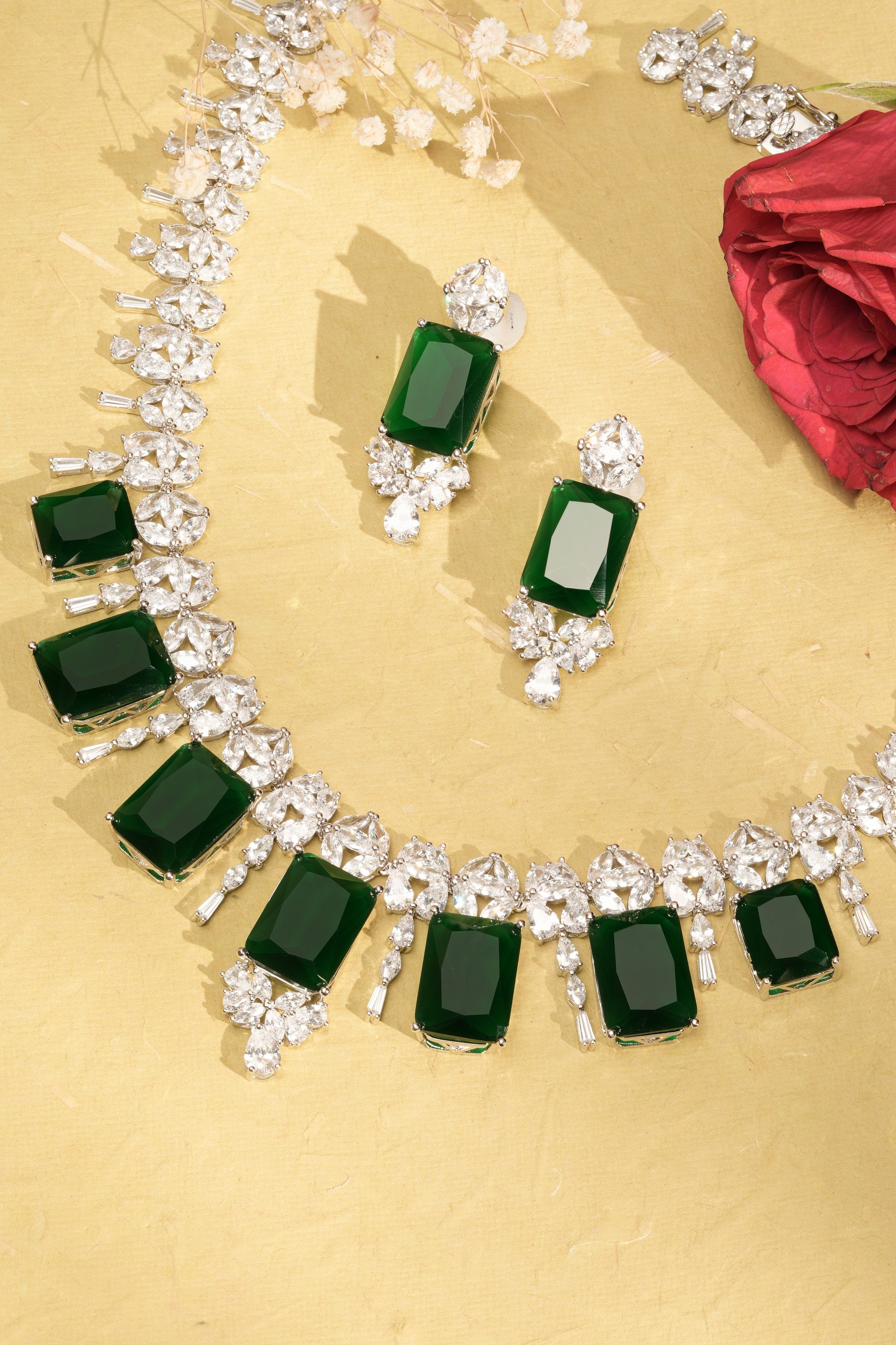 Mataari Necklaces Blossom CZ Necklace & Earring Set | Rhodium | Indian Jewelry | Mataari