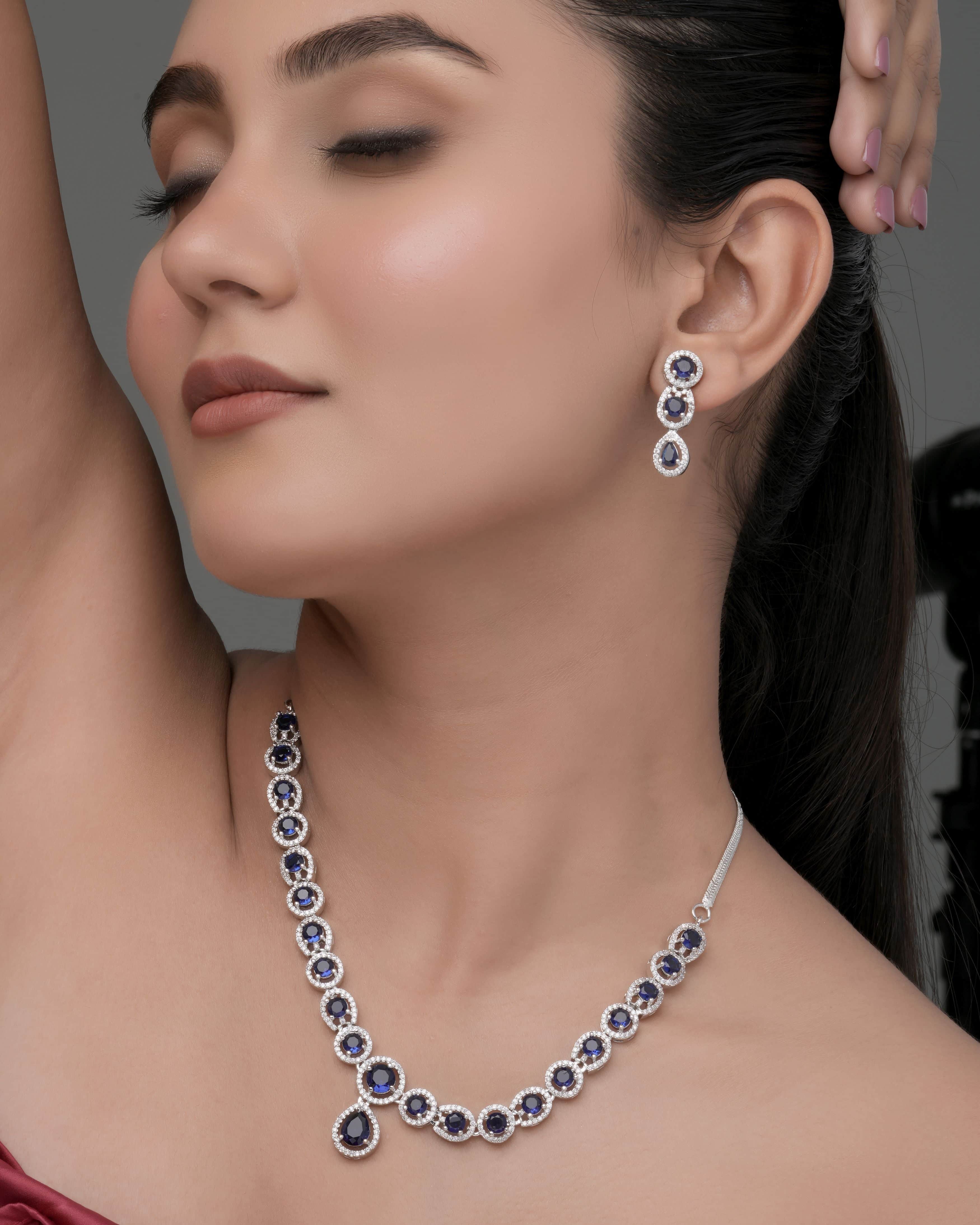 Mataari Necklaces Blue Sapphire Single Line Moissanite Solitaire Swarovski | CZ | Indian Jewelry | Mataari