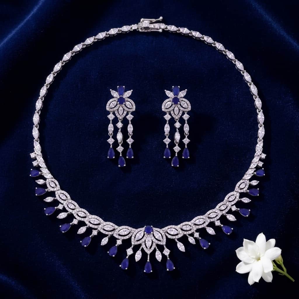 Mataari Necklaces Bridal Silver Plated Crystal Moissanite Wedding Necklace For Women with Emerald, Ruby & Blue Sapphire Accents