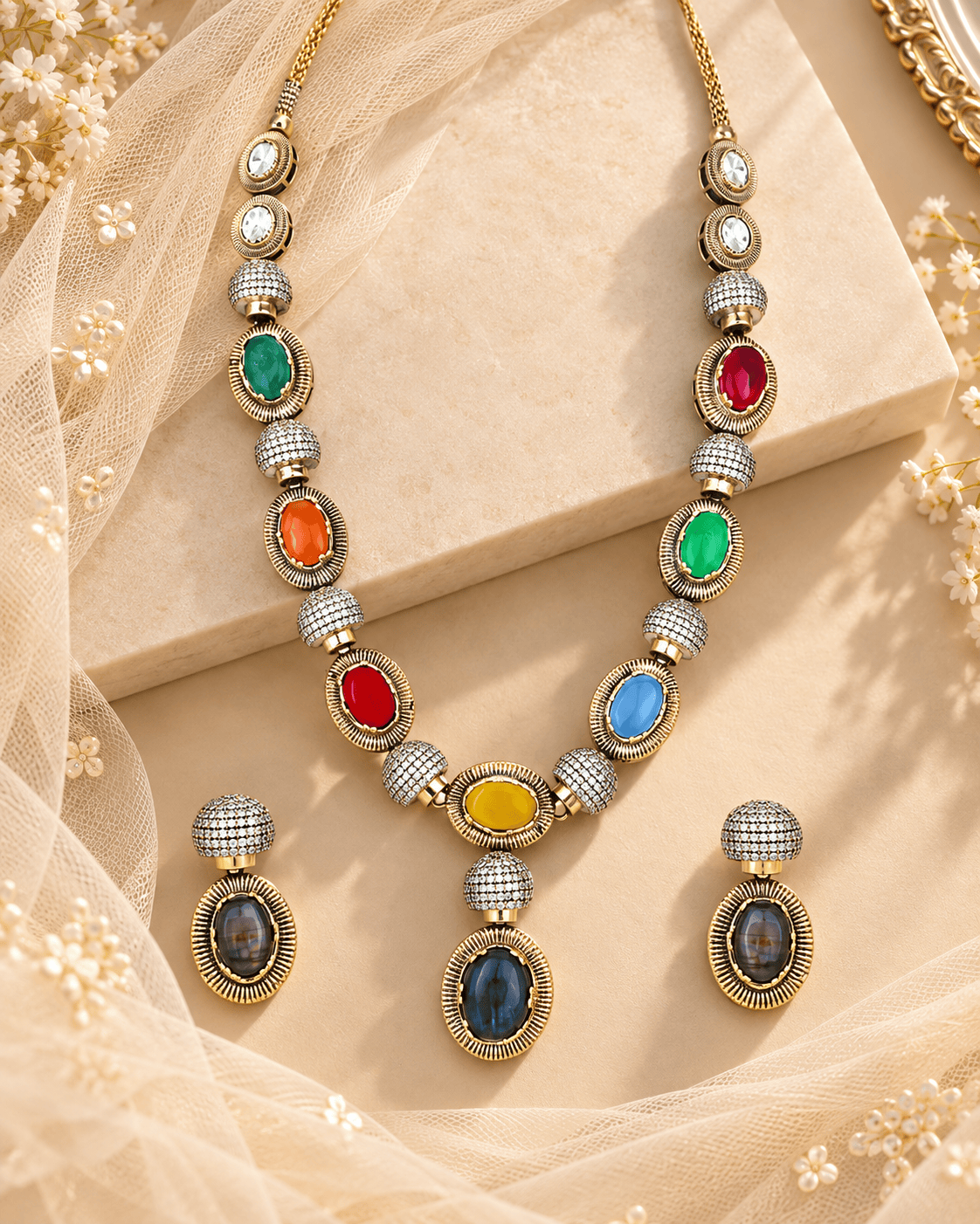 Mataari Necklaces Mahika Gold Plated Solitaire Navratna CZ Wedding Necklace