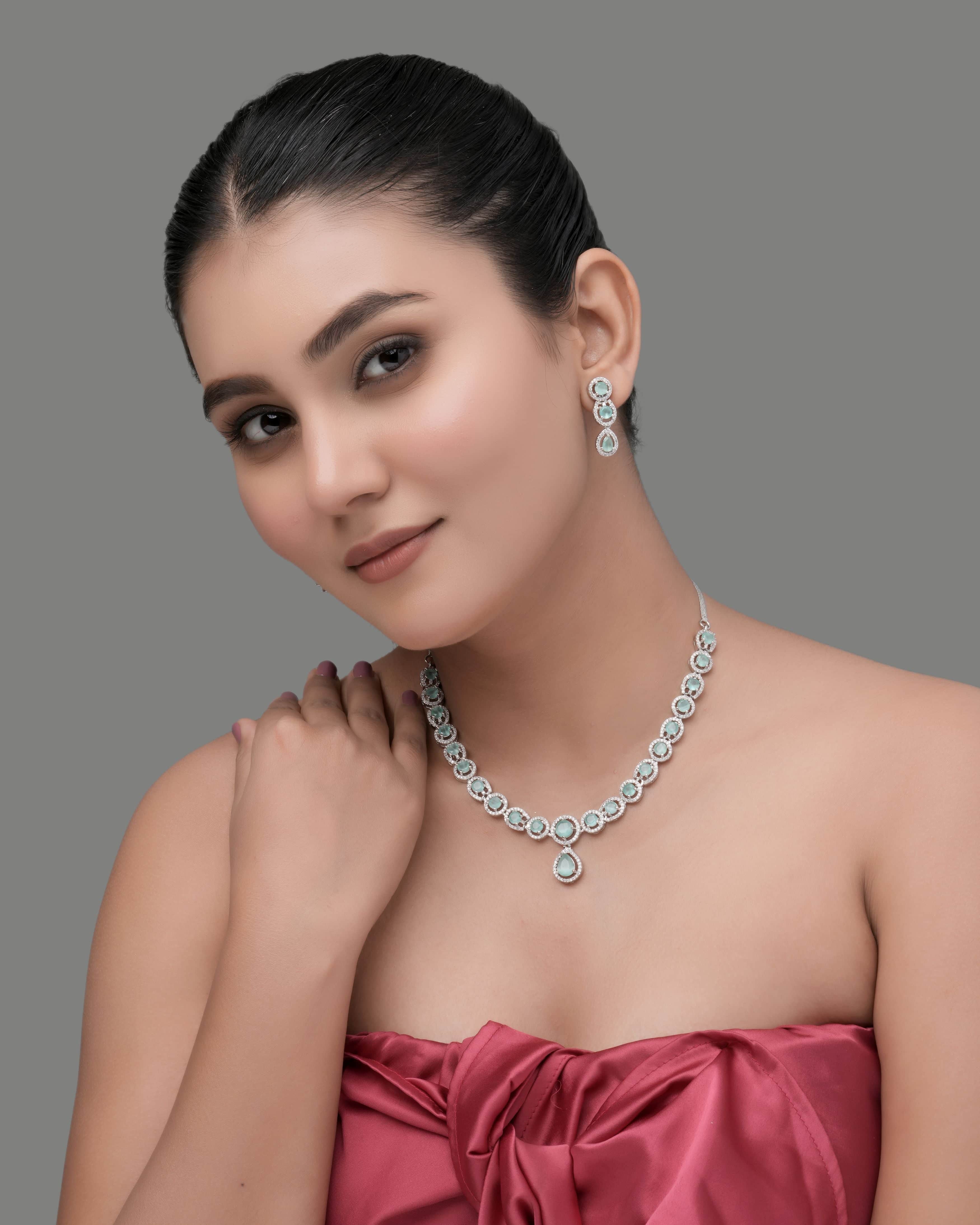 Mataari Necklaces Blue Sapphire Single Line Moissanite Solitaire Swarovski | CZ | Indian Jewelry | Mataari