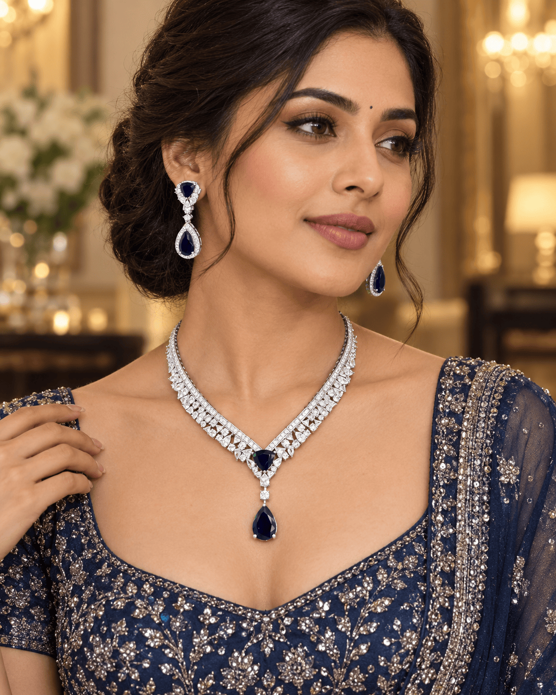 Mataari Necklaces Teardrop Silver Plated Cubic Zirconia Collar Necklace for Brides