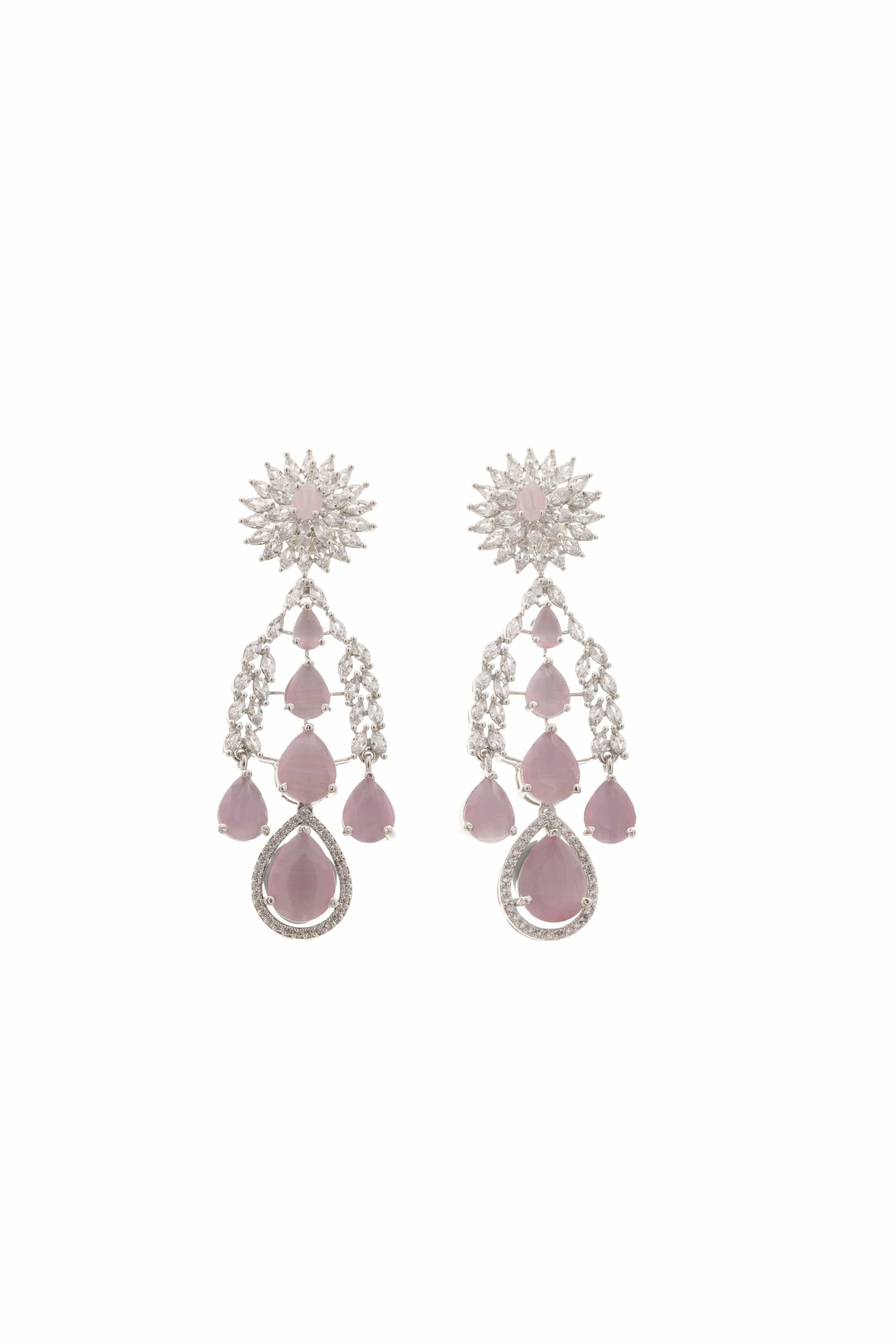Mataari Necklaces Blush Dew Teardrop Necklace Set – Pink | Rhodium | Indian Jewelry | Mataari