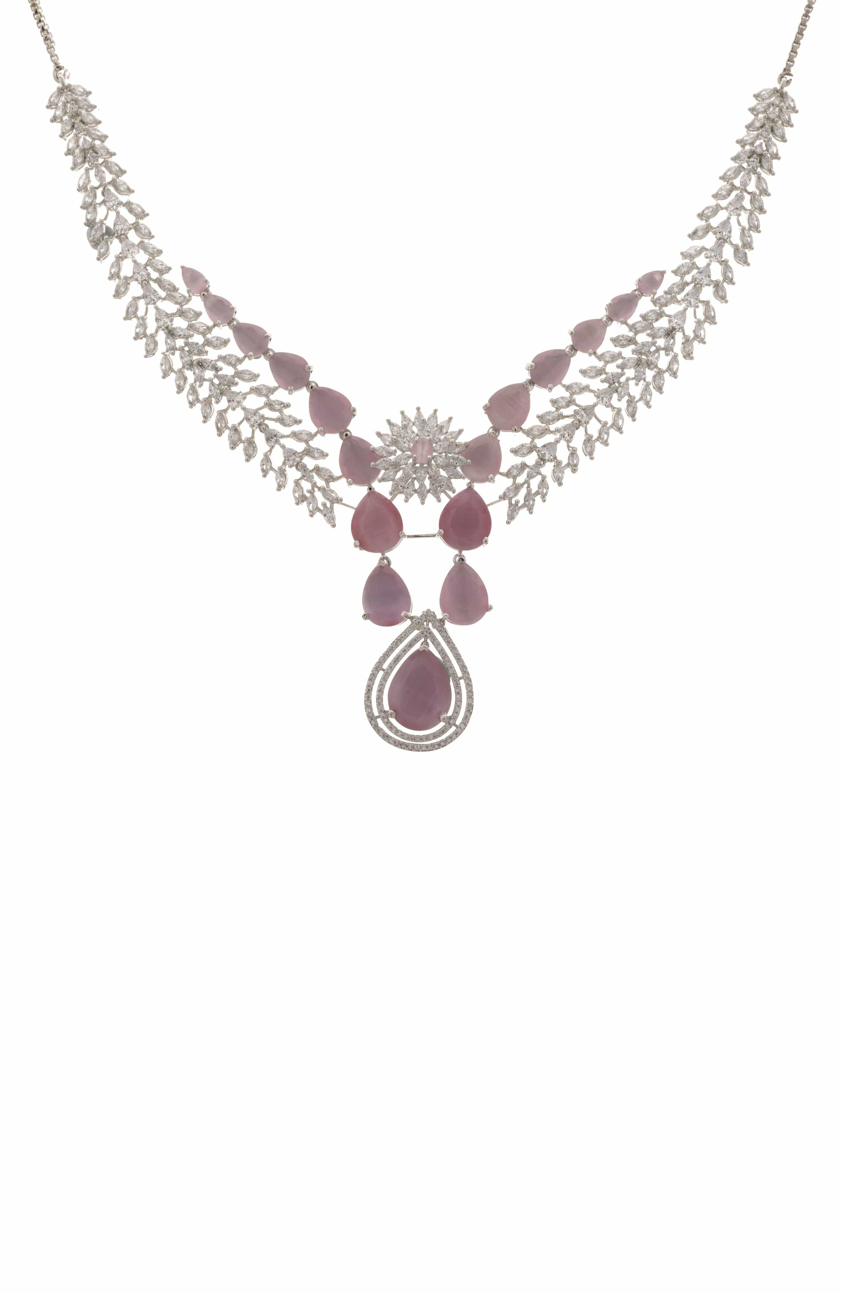 Mataari Necklaces Blush Dew Teardrop Necklace Set – Pink | Rhodium | Indian Jewelry | Mataari