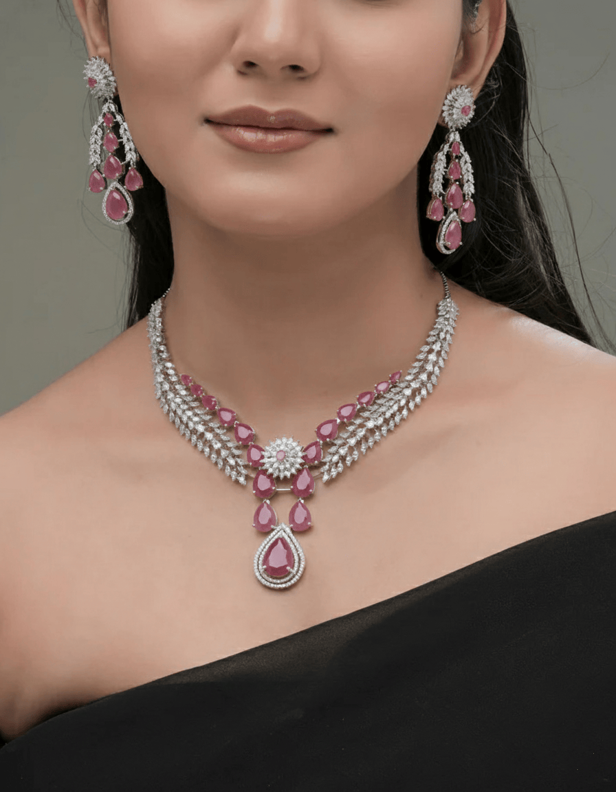 Mataari Necklaces Blush Dew Teardrop Necklace Set – Pink | Rhodium | Indian Jewelry | Mataari