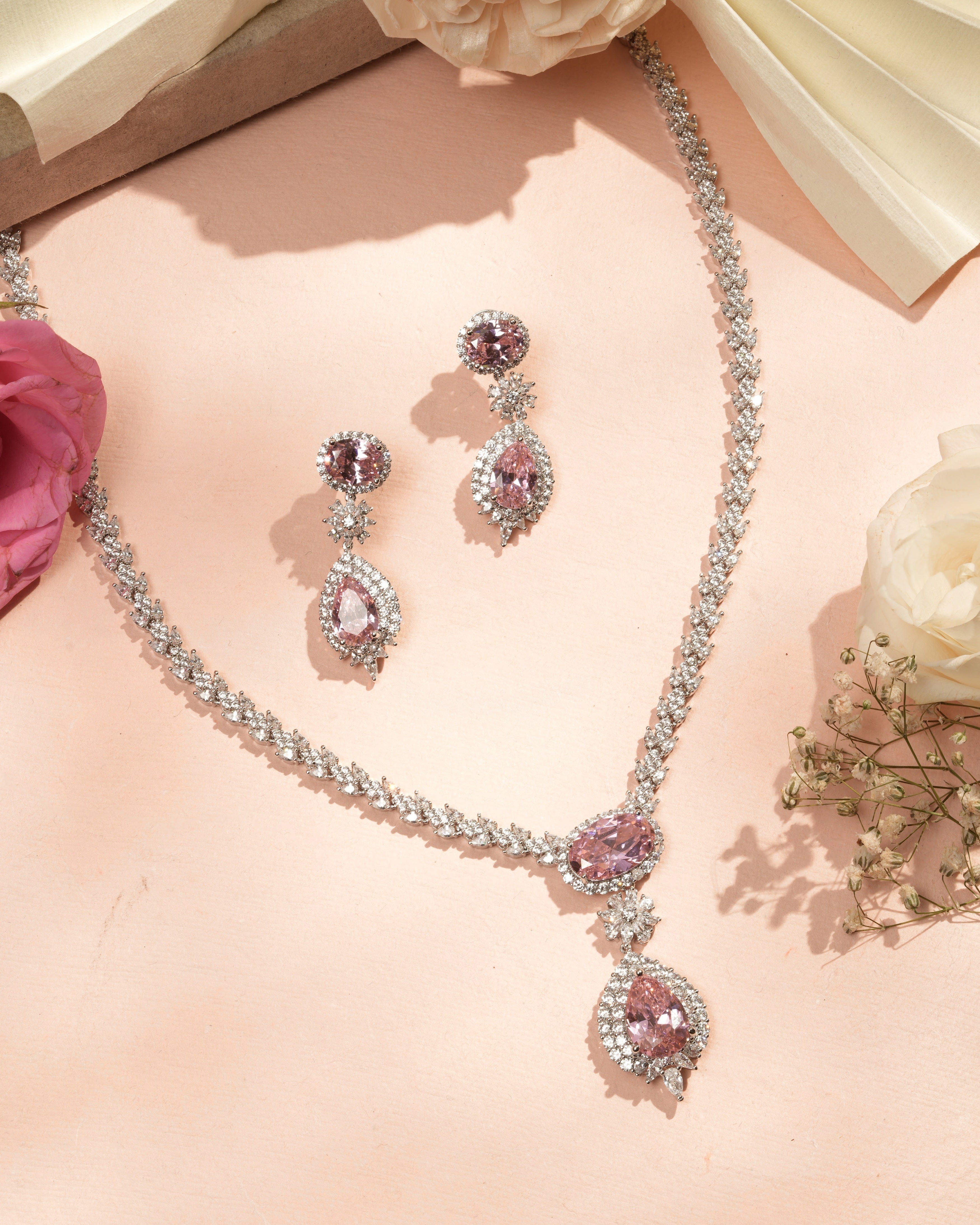 Mataari Necklaces Duo Drop Tennis Necklace & Earring Set | Rhodium | Indian Jewelry | Mataari