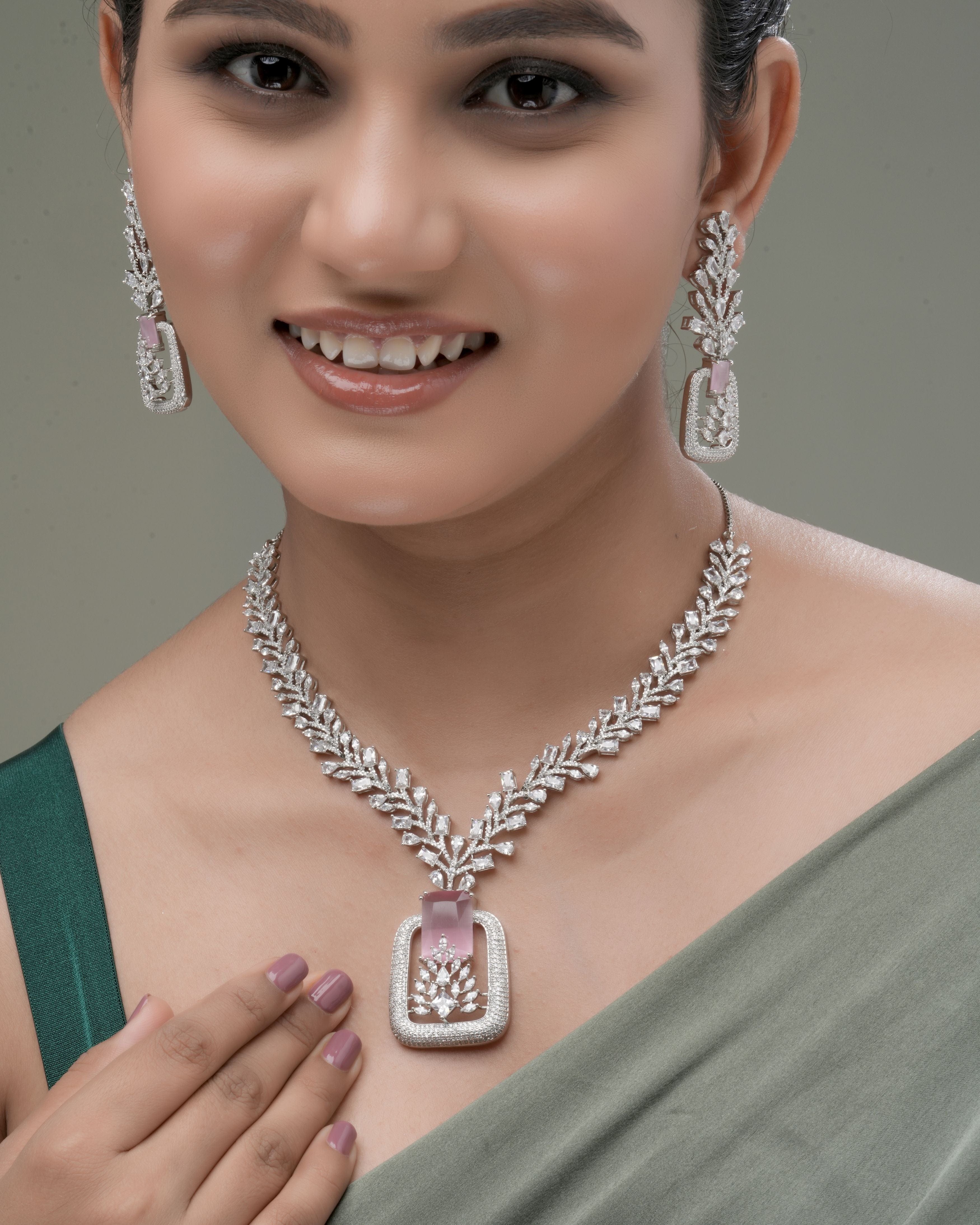 Mataari Necklaces Emerald Edge Crystal Necklace Set (Swarovski Elemens) | Rhodium | Indian Jewelry | Mataari