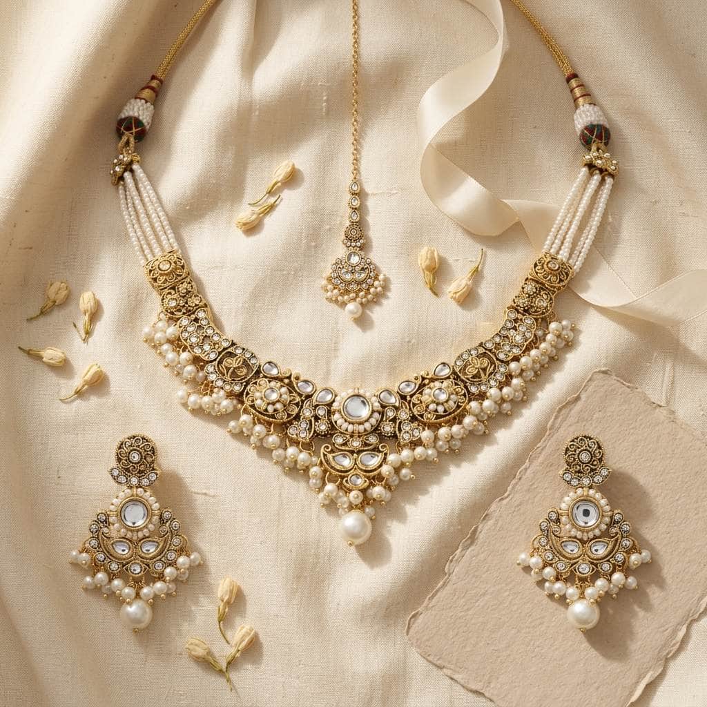 Mataari Necklaces Bridal Pearl Antique Gold Kundan Polki Beaded Necklace with Maang Tikka