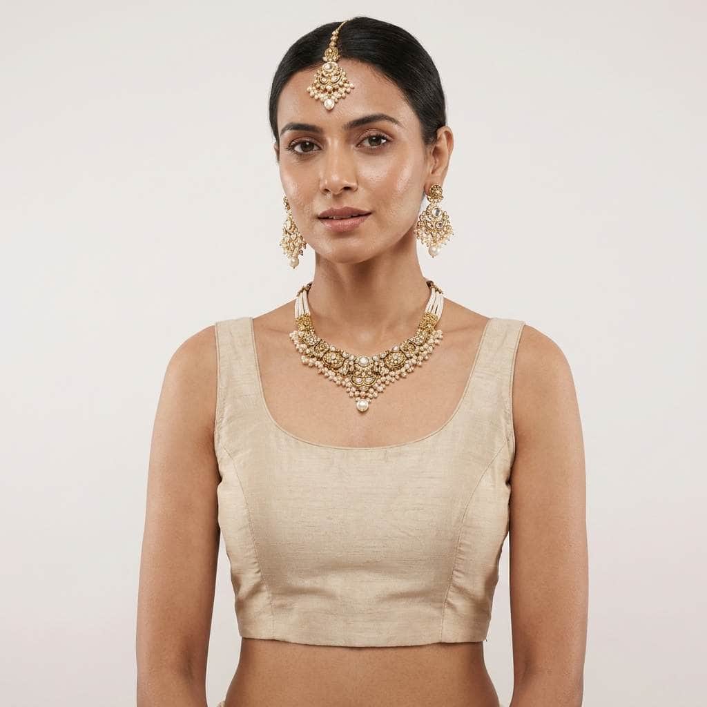 Mataari Necklaces Bridal Pearl Antique Gold Kundan Polki Beaded Necklace with Maang Tikka