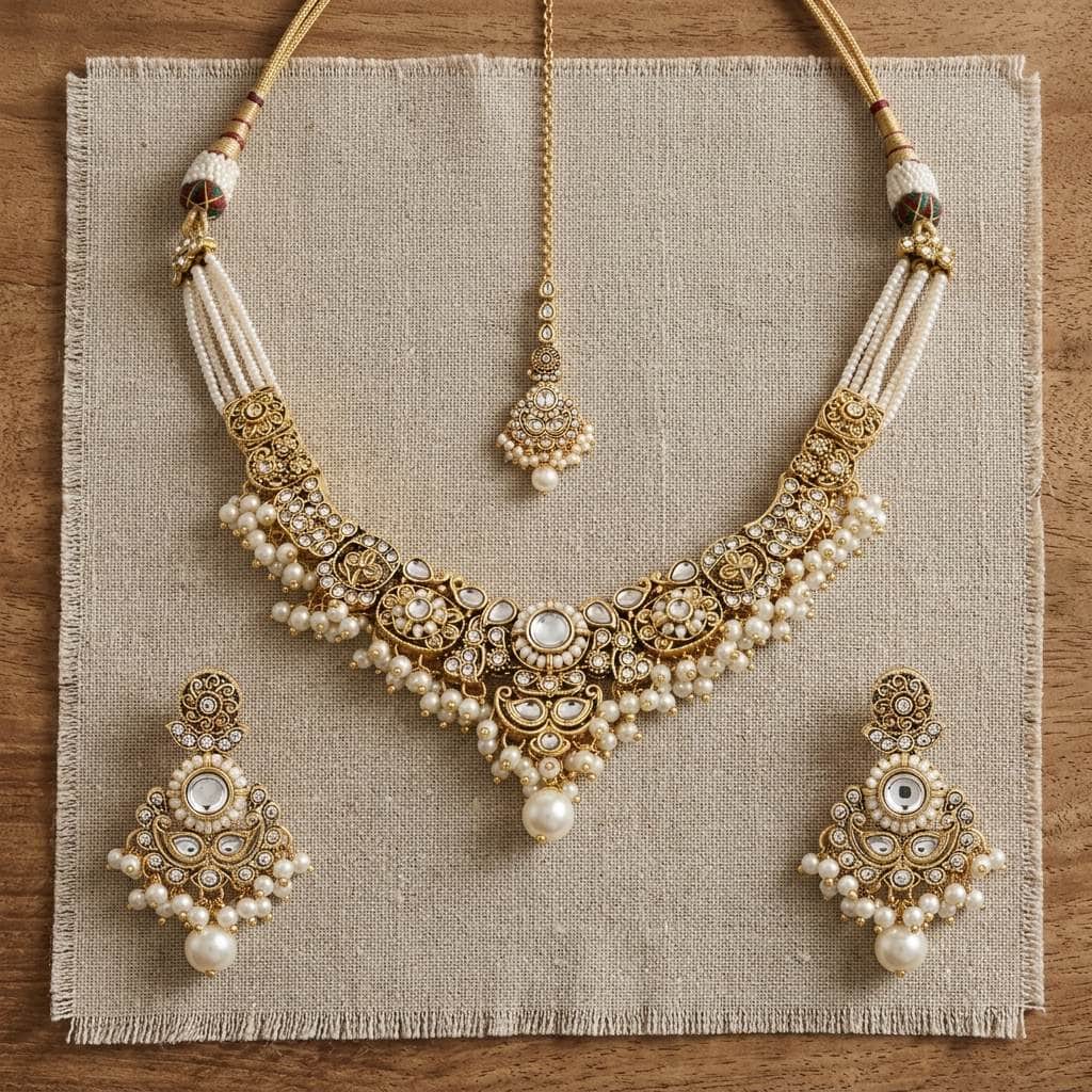 Mataari Necklaces Bridal Pearl Antique Gold Kundan Polki Beaded Necklace with Maang Tikka