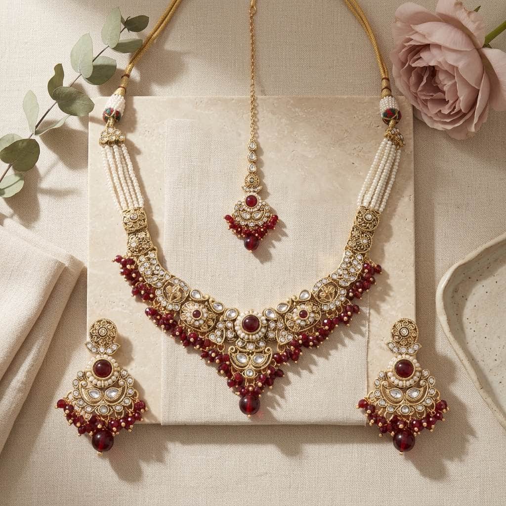Mataari Necklaces Bridal Pearl Antique Gold Kundan Polki Beaded Necklace with Maang Tikka