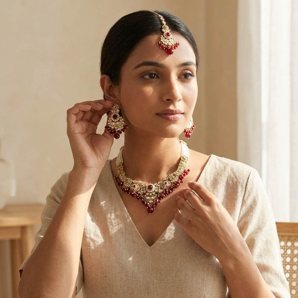 Mataari Necklaces Bridal Pearl Antique Gold Kundan Polki Beaded Necklace with Maang Tikka