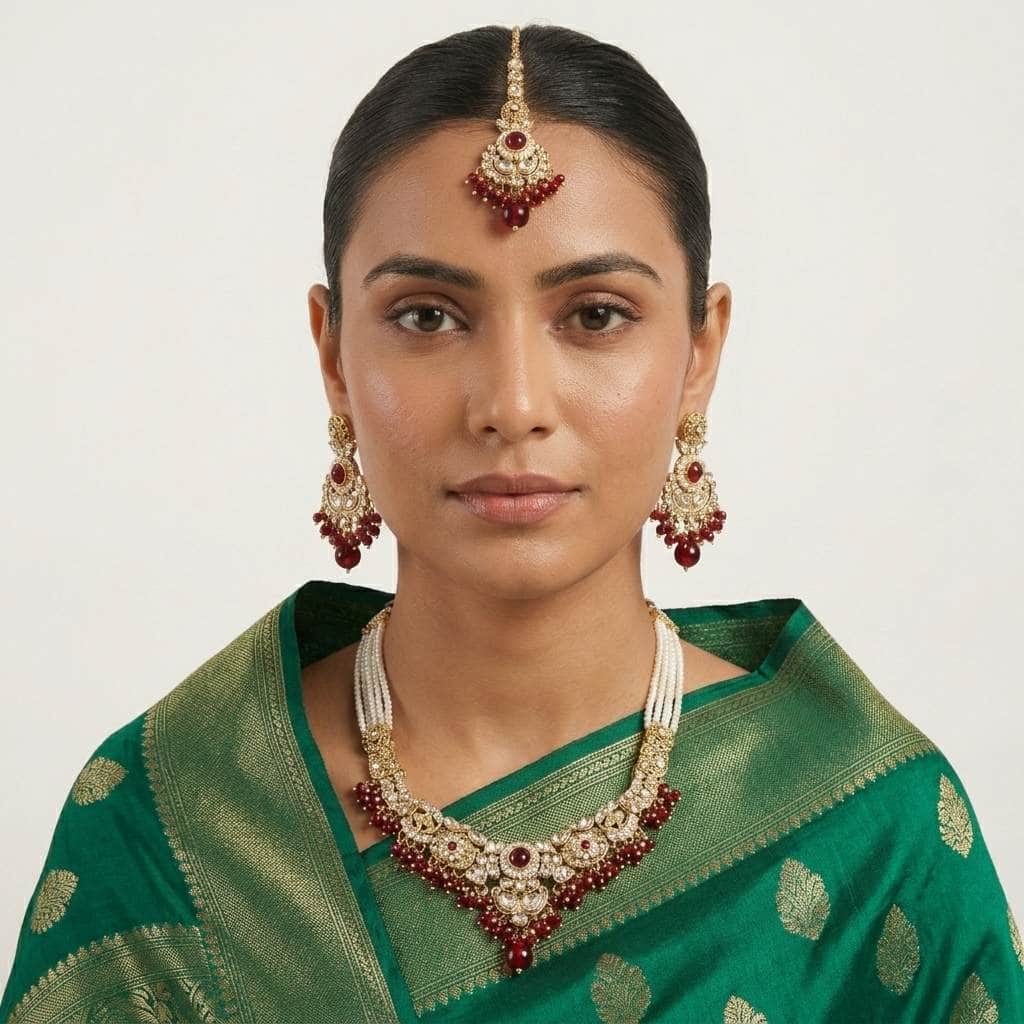 Mataari Necklaces Bridal Pearl Antique Gold Kundan Polki Beaded Necklace with Maang Tikka