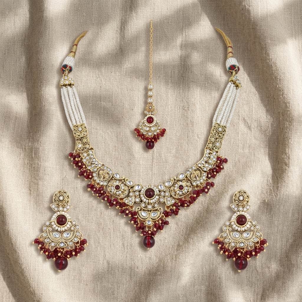 Mataari Necklaces Bridal Pearl Antique Gold Kundan Polki Beaded Necklace with Maang Tikka