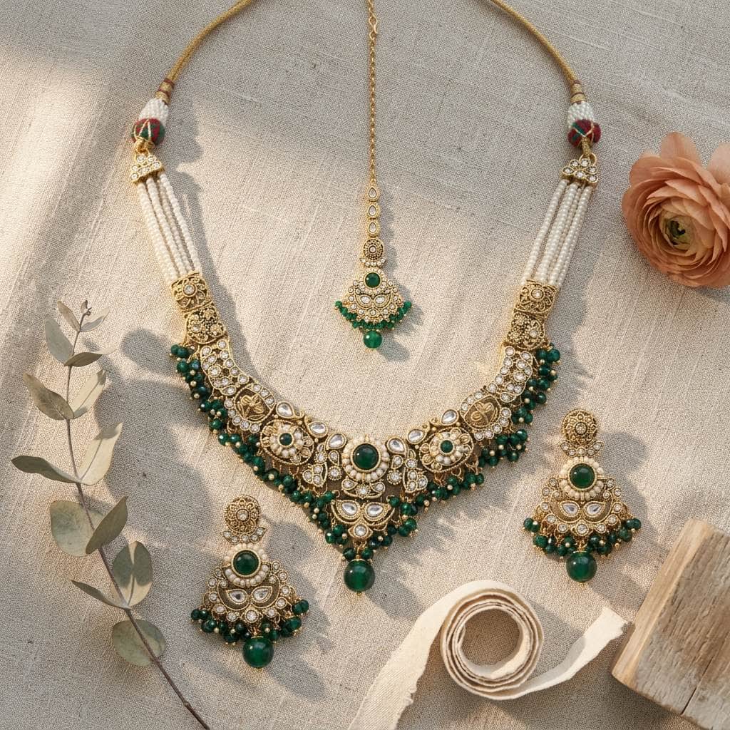 Mataari Necklaces Bridal Pearl Antique Gold Kundan Polki Beaded Necklace with Maang Tikka
