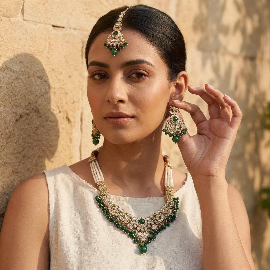 Mataari Necklaces Bridal Pearl Antique Gold Kundan Polki Beaded Necklace with Maang Tikka
