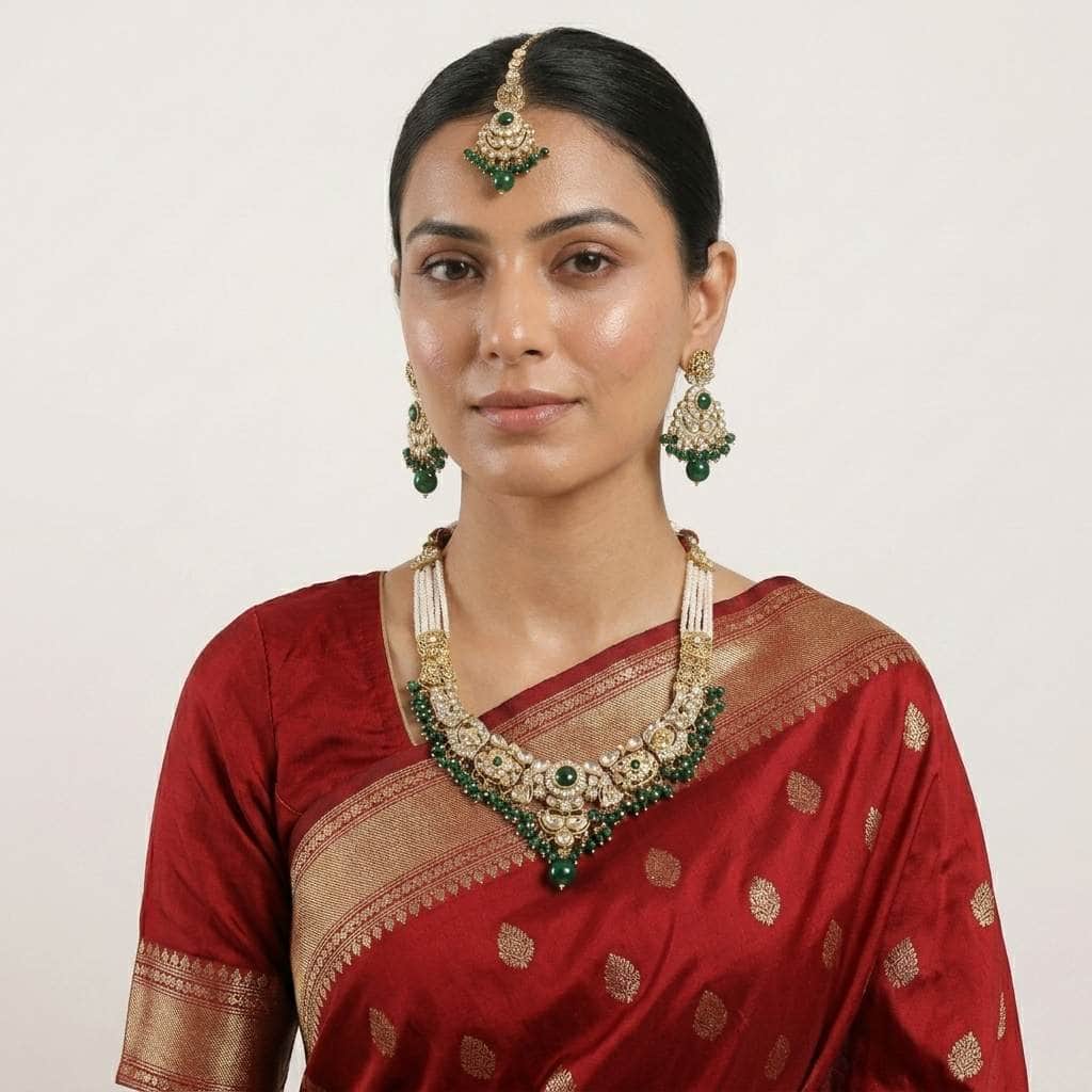Mataari Necklaces Bridal Pearl Antique Gold Kundan Polki Beaded Necklace with Maang Tikka