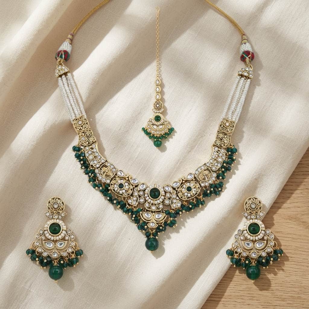 Mataari Necklaces Bridal Pearl Antique Gold Kundan Polki Beaded Necklace with Maang Tikka