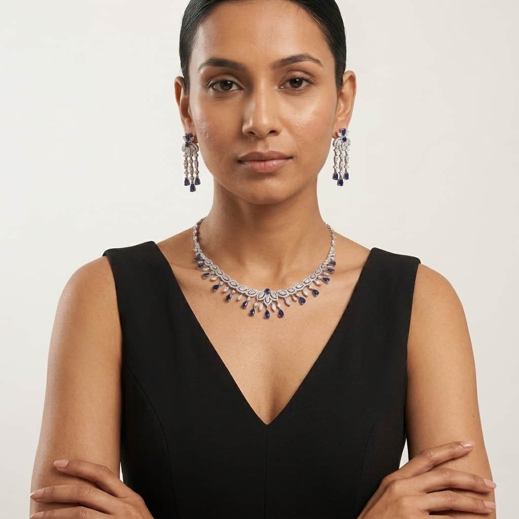 Mataari Necklaces Bridal Silver Plated Crystal Moissanite Wedding Necklace For Women with Emerald, Ruby & Blue Sapphire Accents
