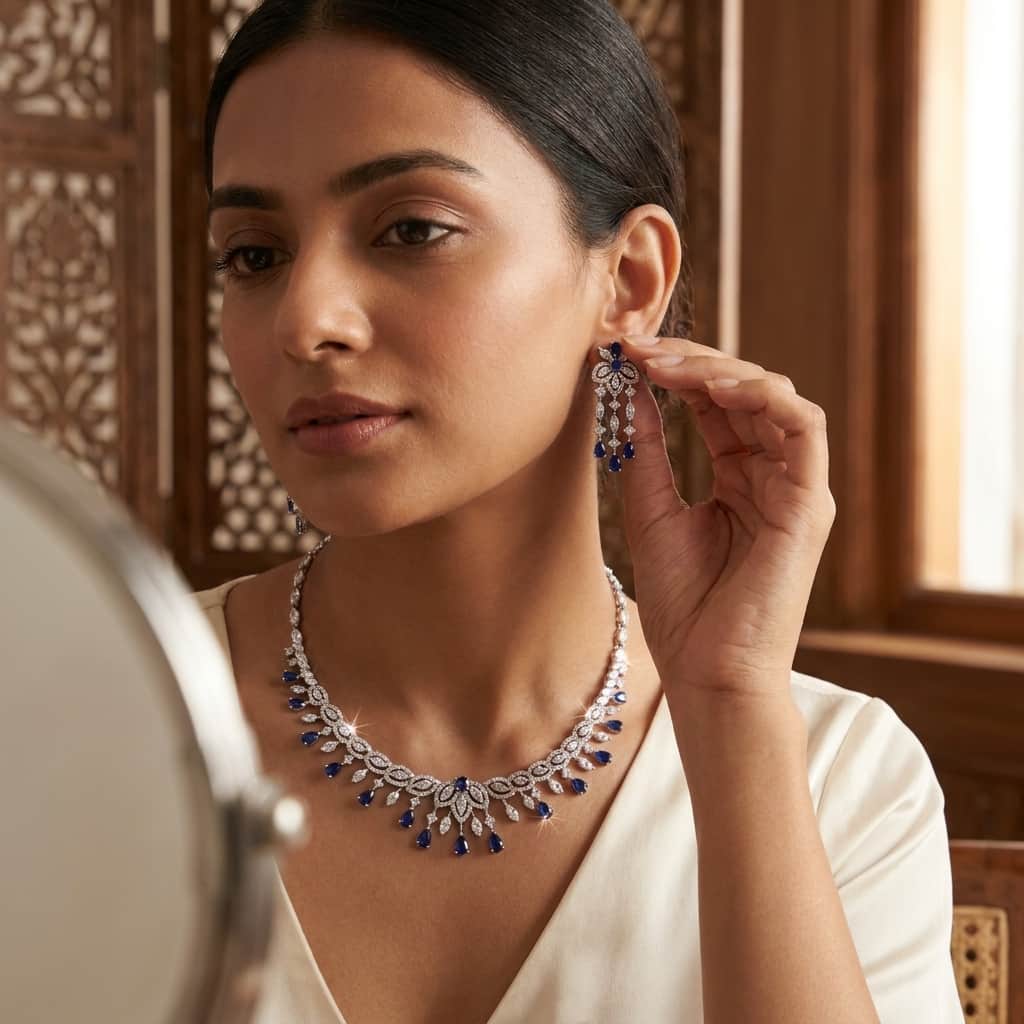 Mataari Necklaces Bridal Silver Plated Crystal Moissanite Wedding Necklace For Women with Emerald, Ruby & Blue Sapphire Accents