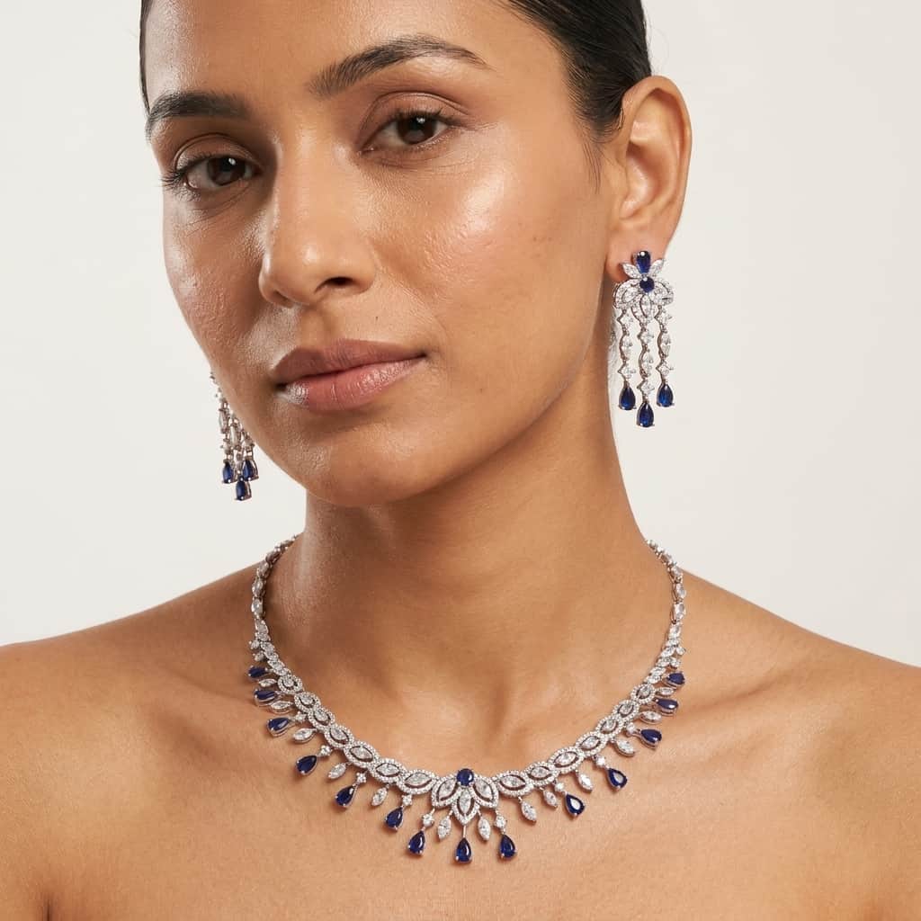 Mataari Necklaces Bridal Silver Plated Crystal Moissanite Wedding Necklace For Women with Emerald, Ruby & Blue Sapphire Accents