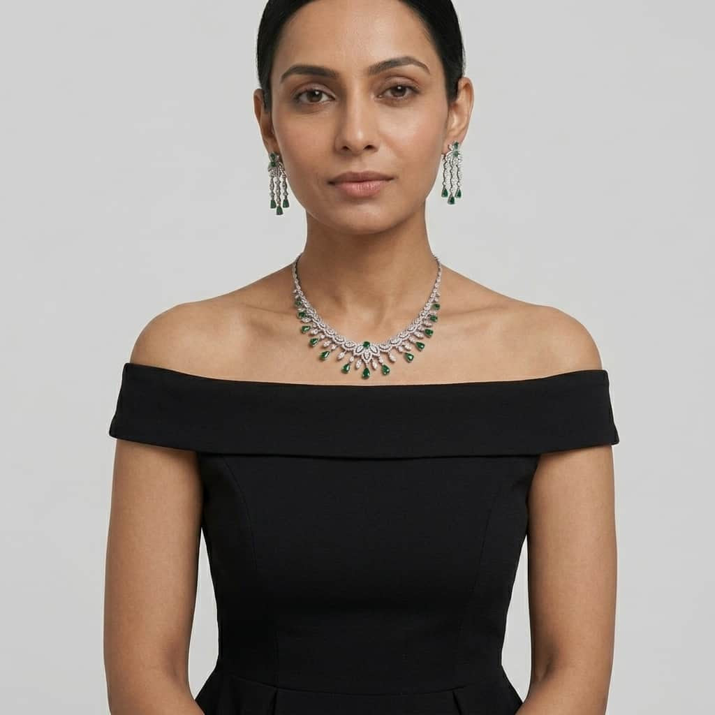 Mataari Necklaces Bridal Silver Plated Crystal Moissanite Wedding Necklace For Women with Emerald, Ruby & Blue Sapphire Accents