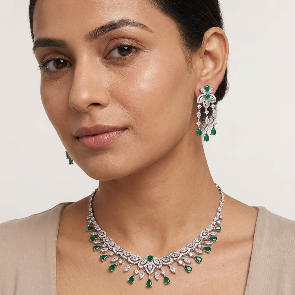Mataari Necklaces Bridal Silver Plated Crystal Moissanite Wedding Necklace For Women with Emerald, Ruby & Blue Sapphire Accents