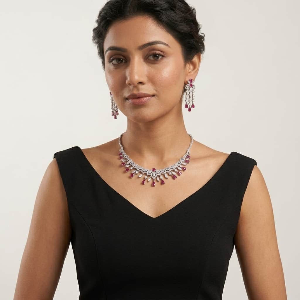 Mataari Necklaces Bridal Silver Plated Crystal Moissanite Wedding Necklace For Women with Emerald, Ruby & Blue Sapphire Accents