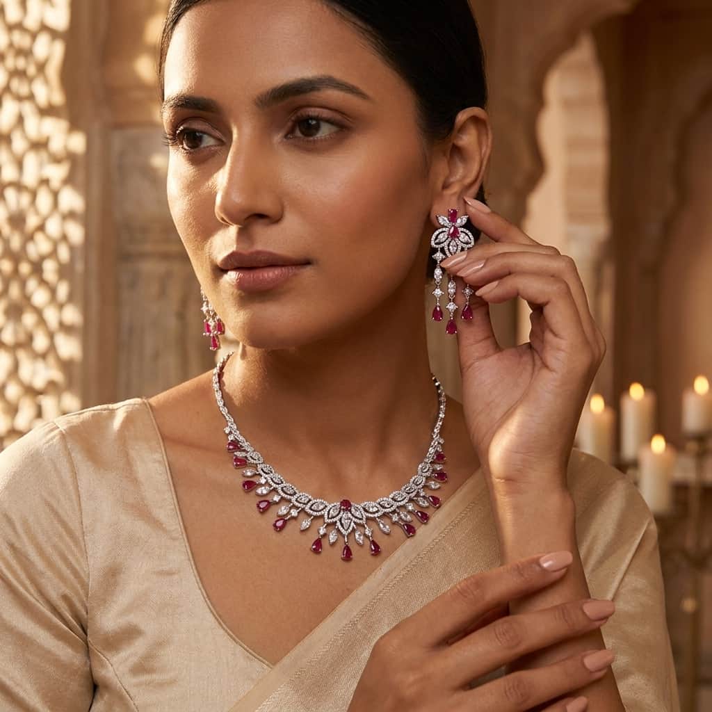 Mataari Necklaces Bridal Silver Plated Crystal Moissanite Wedding Necklace For Women with Emerald, Ruby & Blue Sapphire Accents