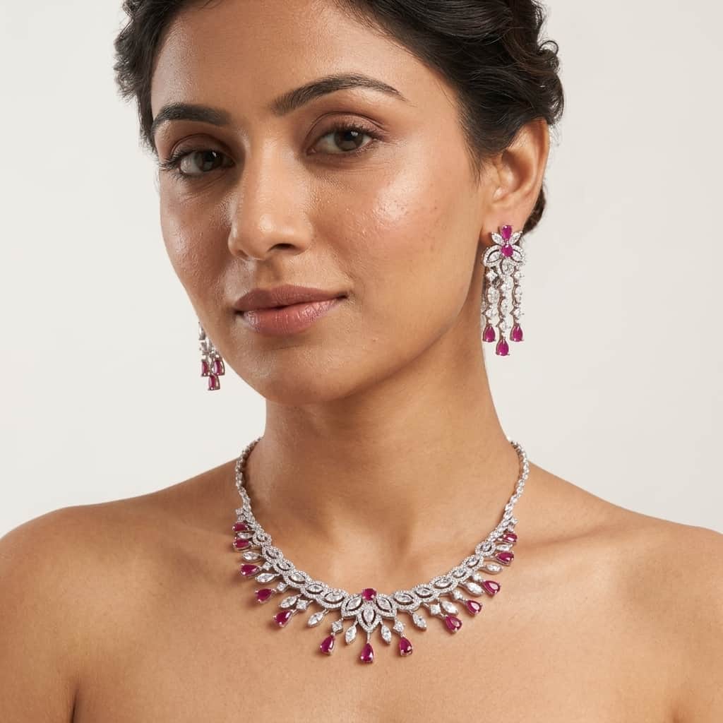 Mataari Necklaces Bridal Silver Plated Crystal Moissanite Wedding Necklace For Women with Emerald, Ruby & Blue Sapphire Accents