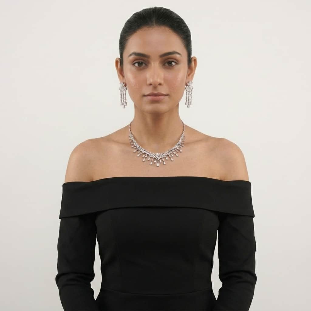 Mataari Necklaces Bridal Silver Plated Crystal Moissanite Wedding Necklace For Women with Emerald, Ruby & Blue Sapphire Accents