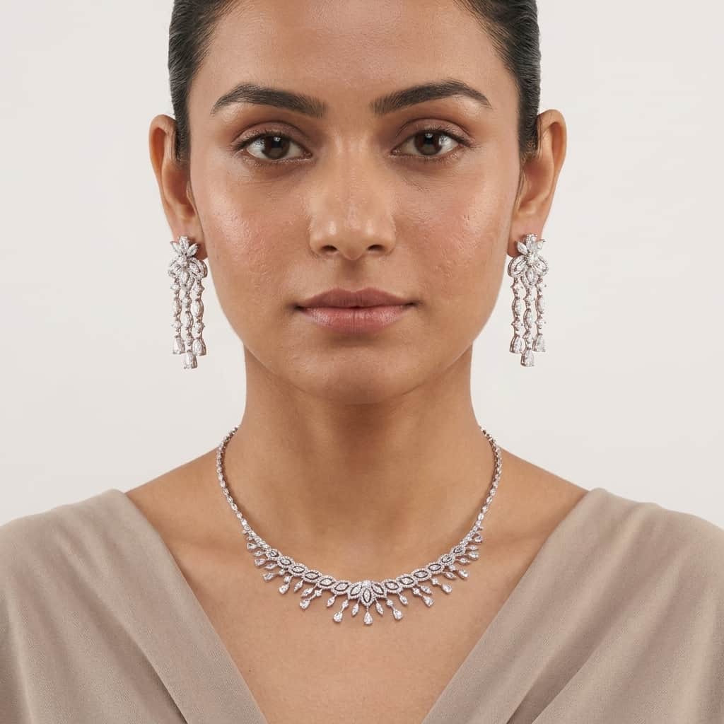 Mataari Necklaces Bridal Silver Plated Crystal Moissanite Wedding Necklace For Women with Emerald, Ruby & Blue Sapphire Accents