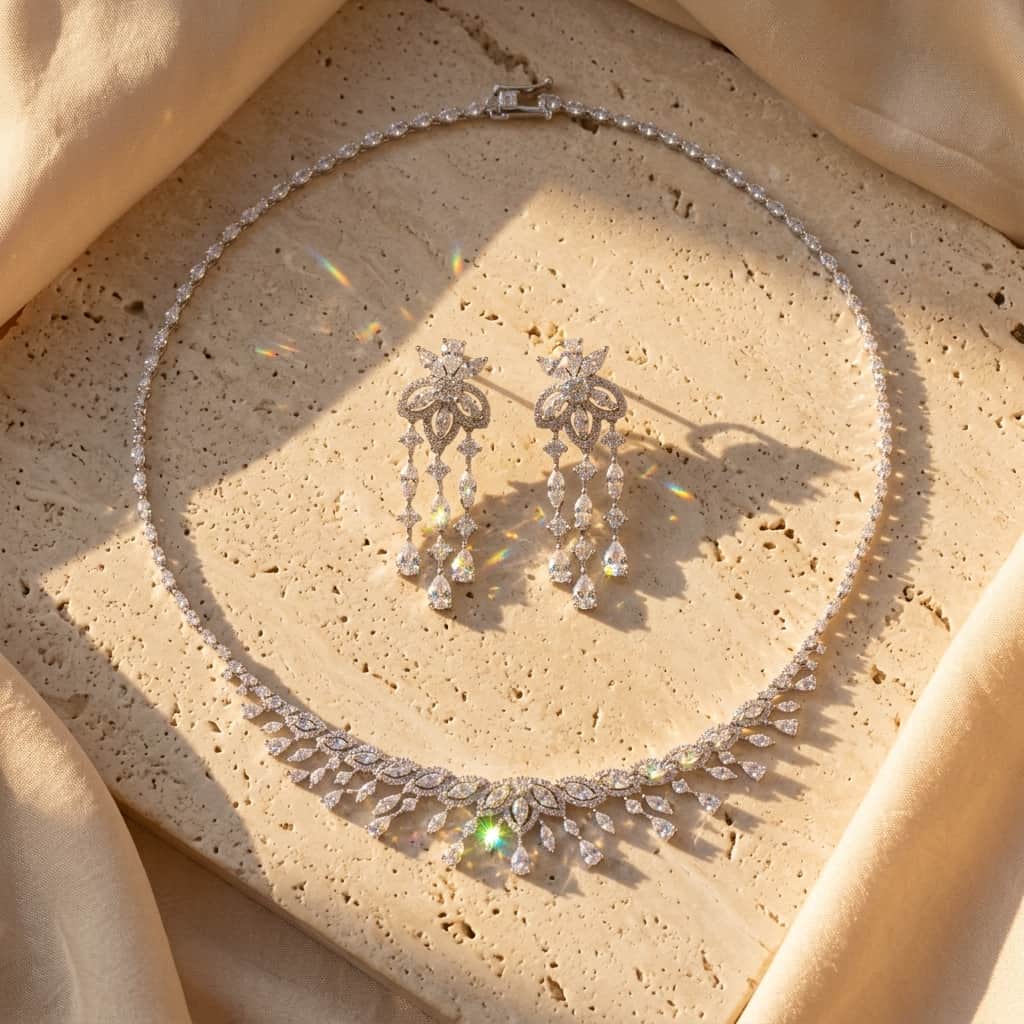 Mataari Necklaces Bridal Silver Plated Crystal Moissanite Wedding Necklace For Women with Emerald, Ruby & Blue Sapphire Accents