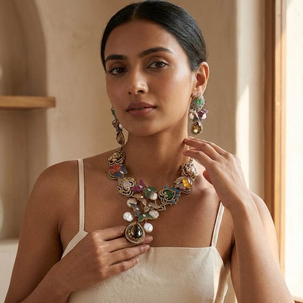 Mataari Necklaces Butterfly Antique Gold Peacock Cubic Zirconia Bridal Pearl Necklace