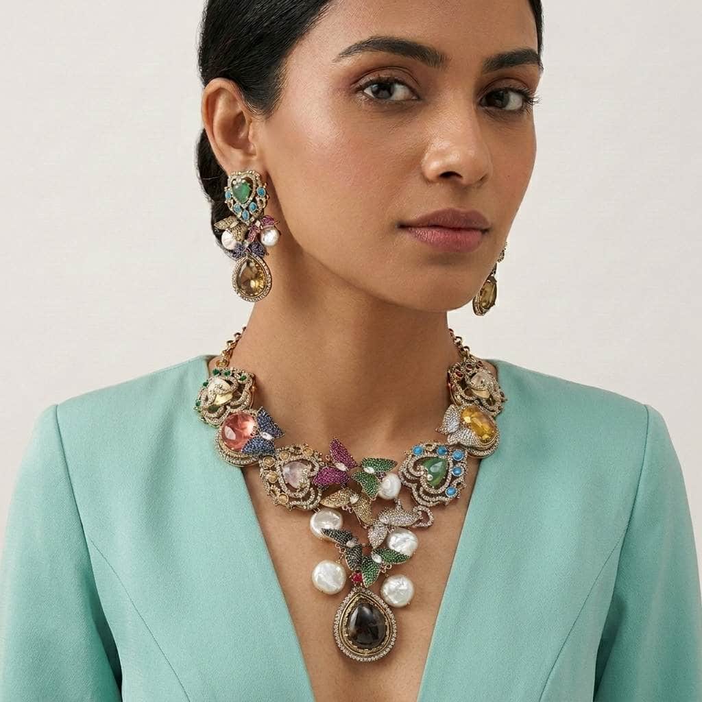 Mataari Necklaces Butterfly Antique Gold Peacock Cubic Zirconia Bridal Pearl Necklace