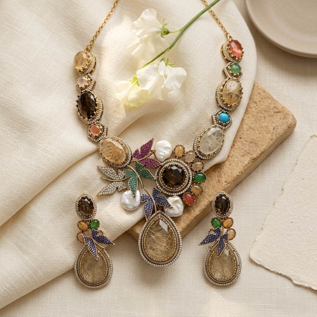 Mataari Necklaces Butterfly Antique Gold Peacock Cubic Zirconia Bridal Pearl Necklace