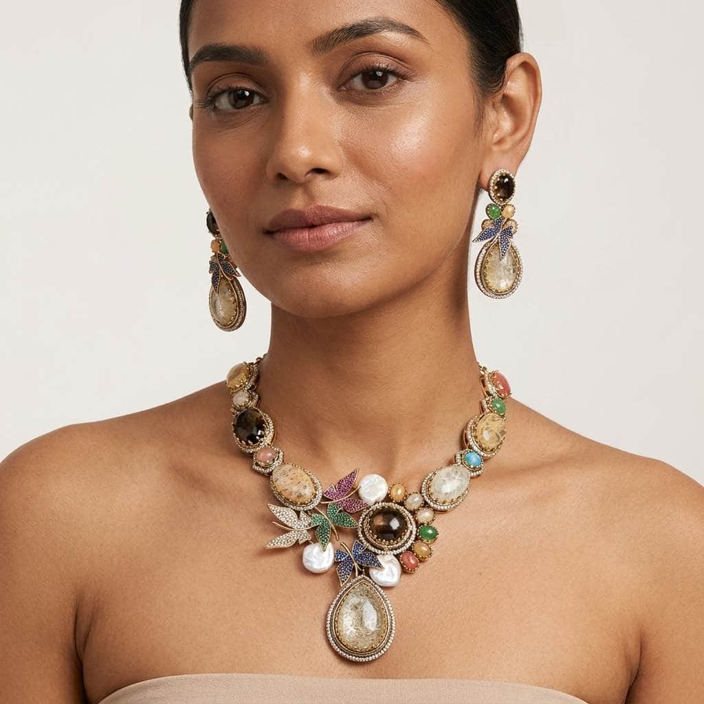 Mataari Necklaces Butterfly Antique Gold Peacock Cubic Zirconia Bridal Pearl Necklace