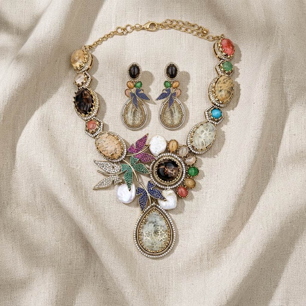 Mataari Necklaces Butterfly Antique Gold Peacock Cubic Zirconia Bridal Pearl Necklace