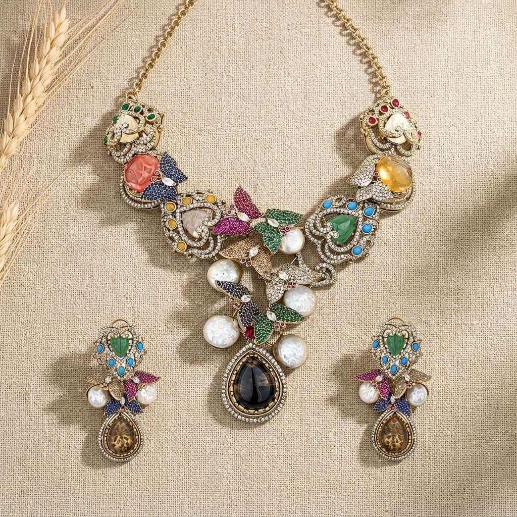 Mataari Necklaces Butterfly Antique Gold Peacock Cubic Zirconia Bridal Pearl Necklace