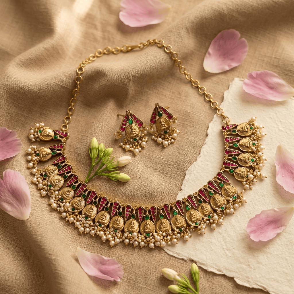 Mataari Necklaces Coin Antique Gold Goddess Lakshmi Polki Kundan Pearl Beaded Necklace