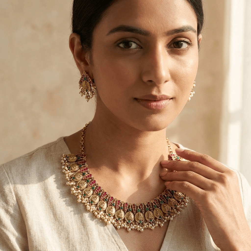 Mataari Necklaces Coin Antique Gold Goddess Lakshmi Polki Kundan Pearl Beaded Necklace