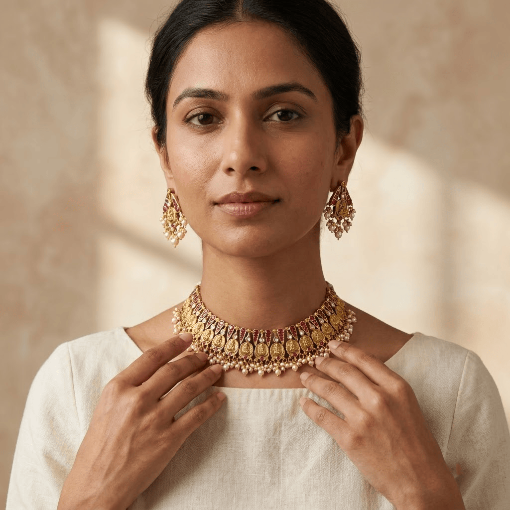 Mataari Necklaces Coin Antique Gold Goddess Lakshmi Polki Kundan Pearl Beaded Necklace