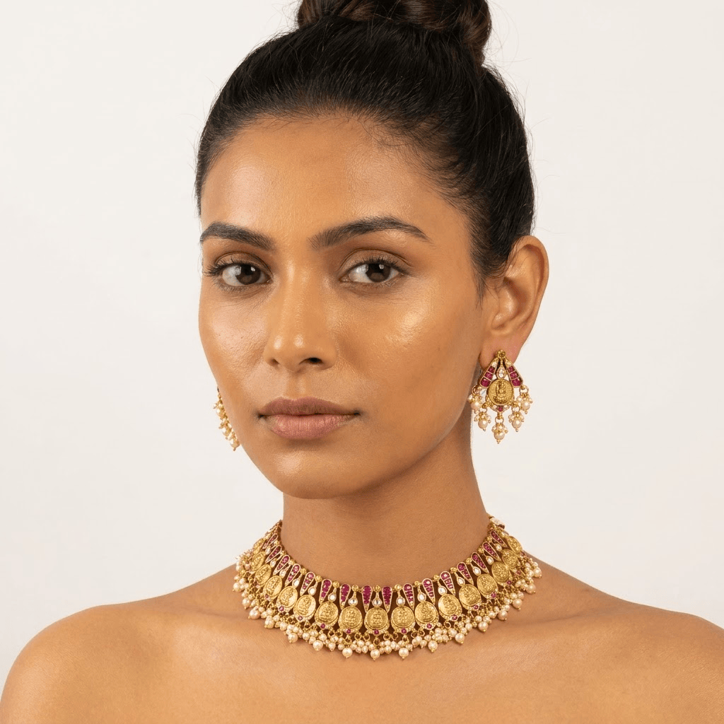 Mataari Necklaces Coin Antique Gold Goddess Lakshmi Polki Kundan Pearl Beaded Necklace