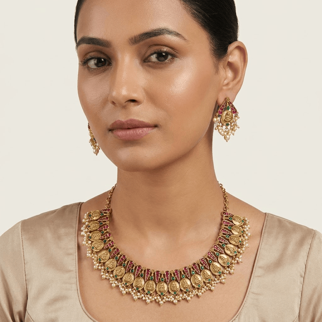 Mataari Necklaces Coin Antique Gold Goddess Lakshmi Polki Kundan Pearl Beaded Necklace