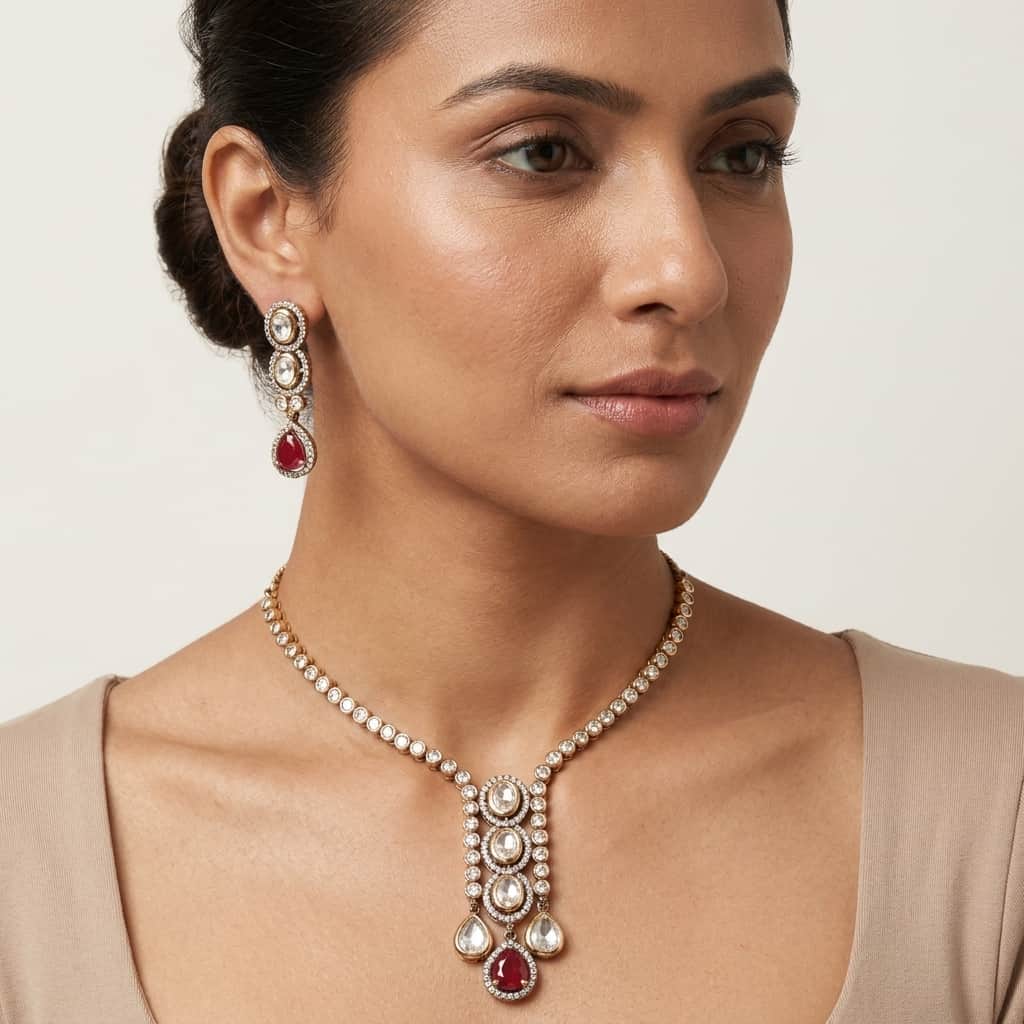 Mataari Necklaces Collar Bridal Kundan Polki Moissanite Necklace with Ruby & Emerald